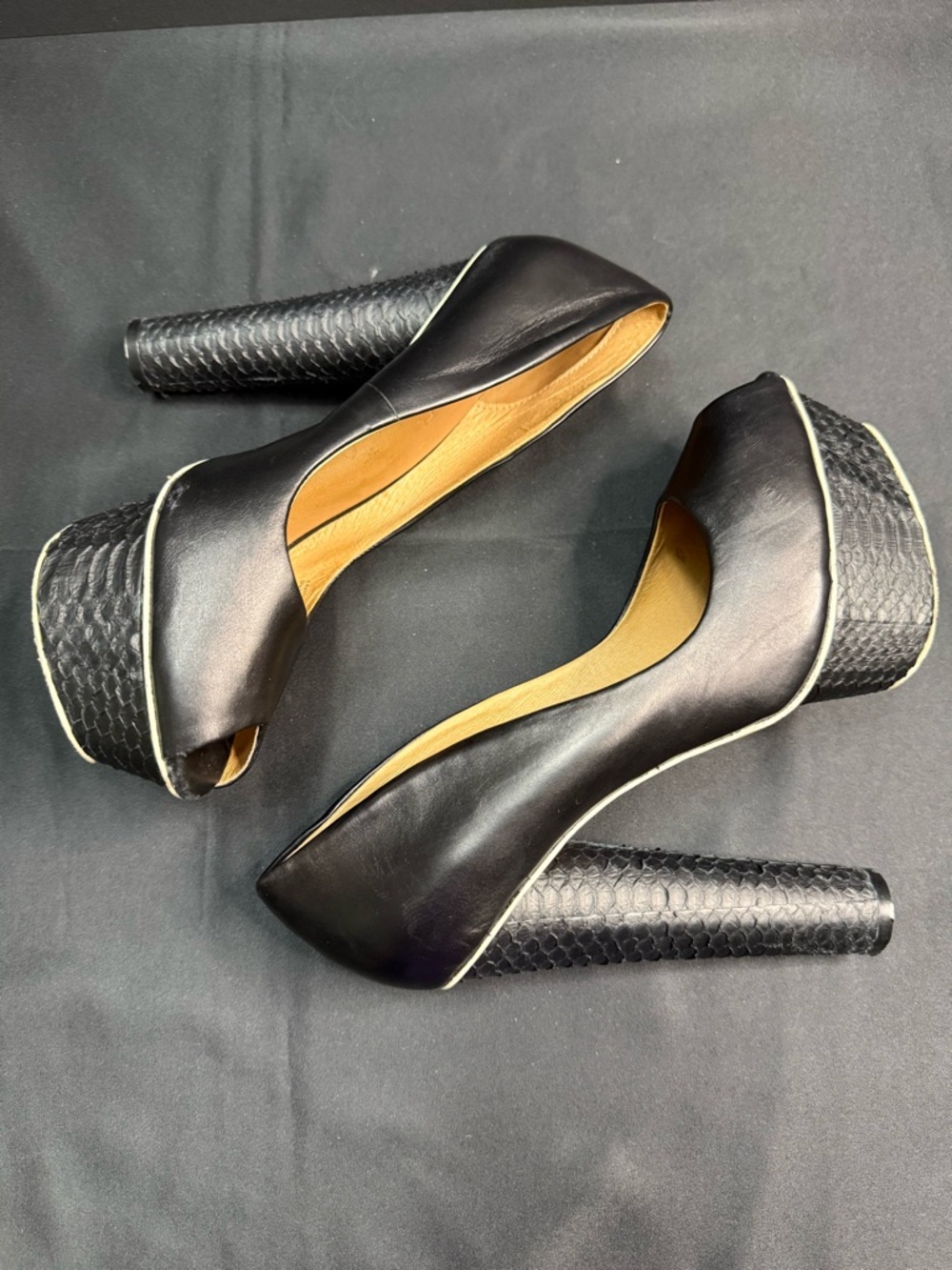 LAMB Black Leather Platform Snake Ultra High Heel Peep Toe Pump - Picture 6 of 12